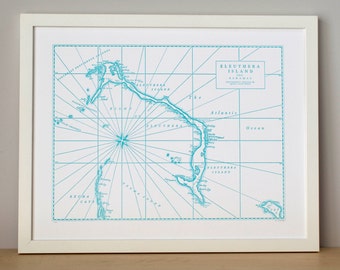 Eleuthera, Bahamas, Letterpress Printed Map (Aqua)