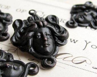 Aphrodite link - dark antiqued brass, 2 links, mythology, woman's face, head, hair, love goddess connector, black patina, Fallen Angel Brass