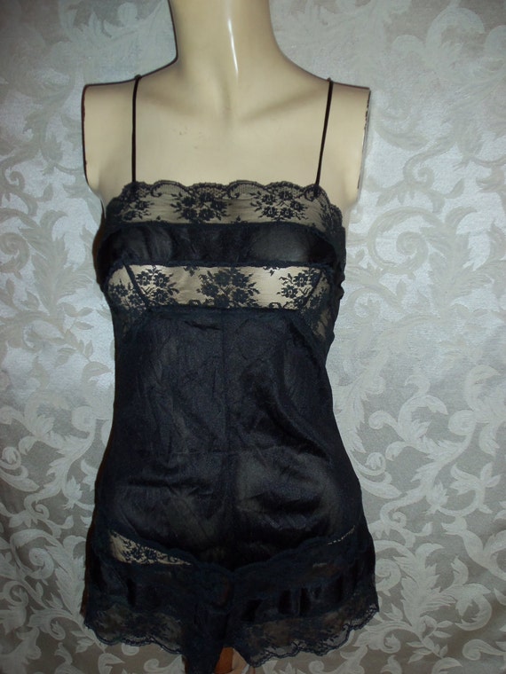 Vintage 70s Black Nylon And Lace Teddy By Thefrenchboudoir On Etsy