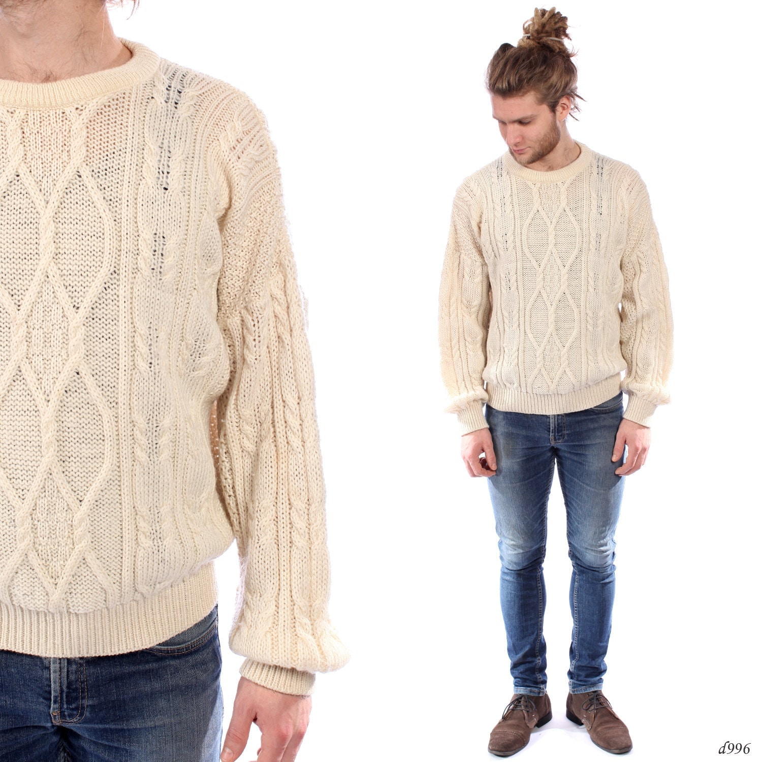 Mens ARAN Sweater . Loose Fit Cable Knit Jumper Fisherman