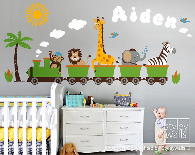Jungle Safari Animals Train Wall Decal Set Monkey Zebra Giraffe Elephant Lion Nursery Personalized Kids Playroom Room Sticker