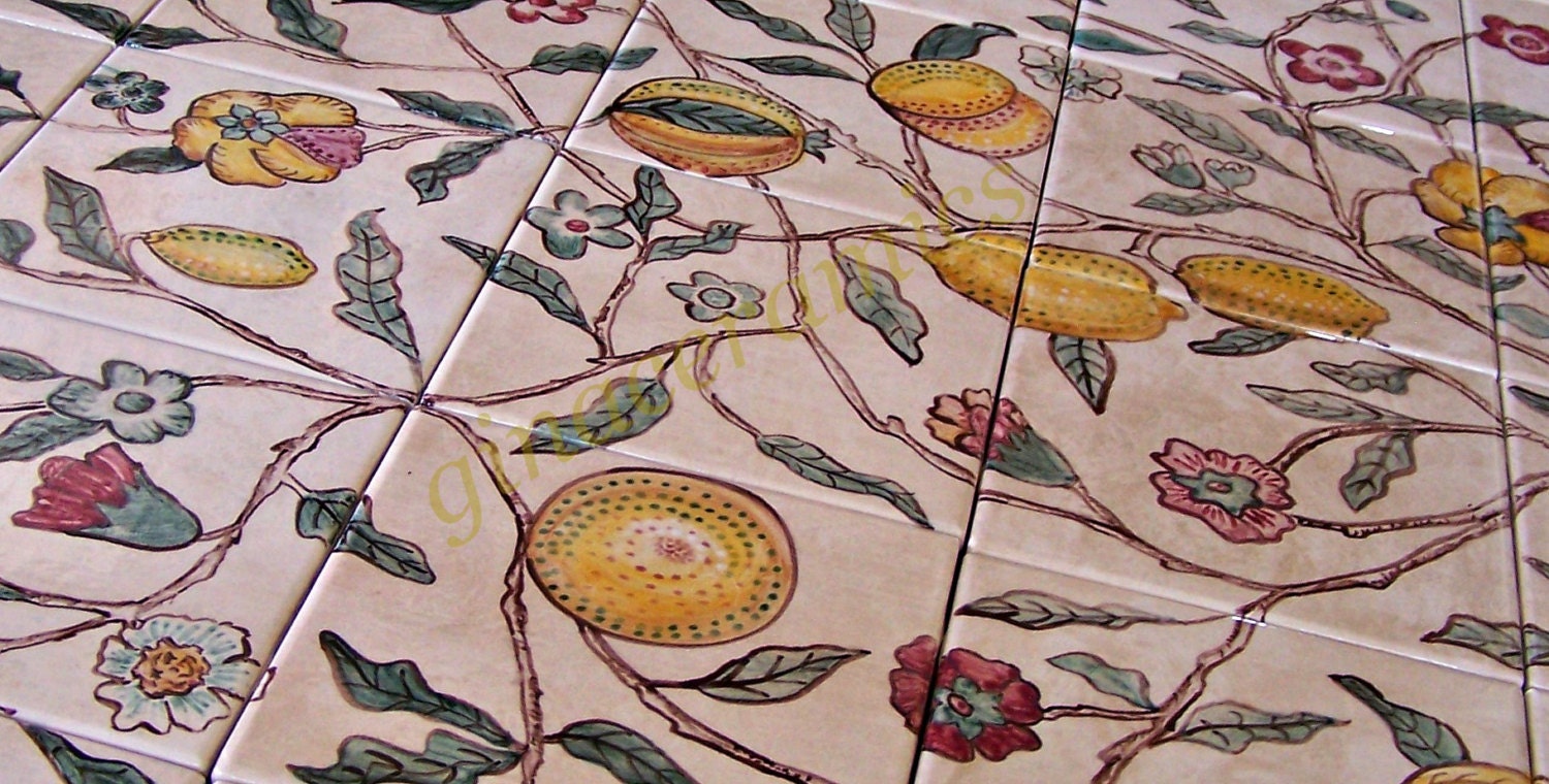 Large ceramic tile Mural hand painted in the Italian