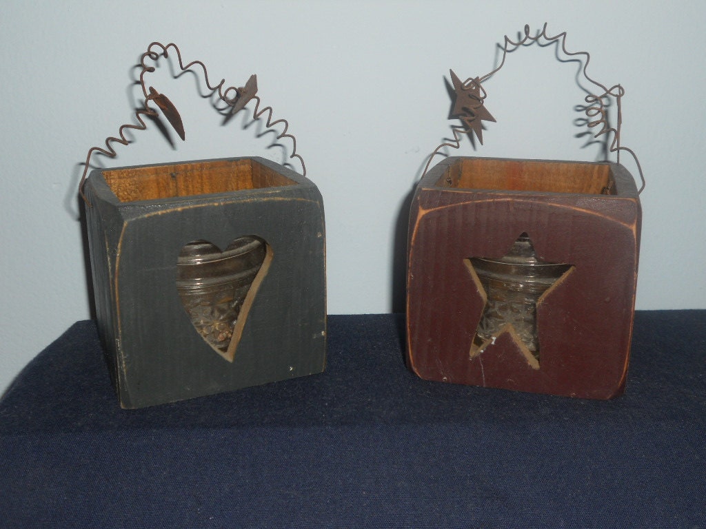 Primitive Wood Candle Box HolderCountry Heart & Star