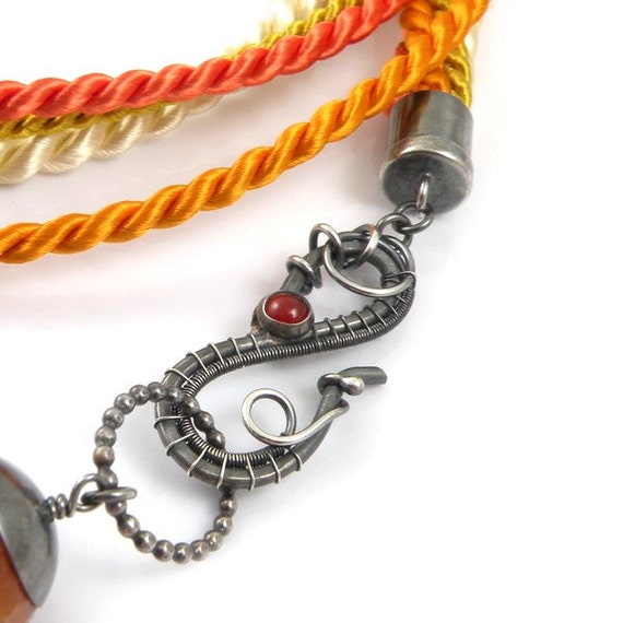 Wire wrap necklace sterling silver orange necklace gemstone
