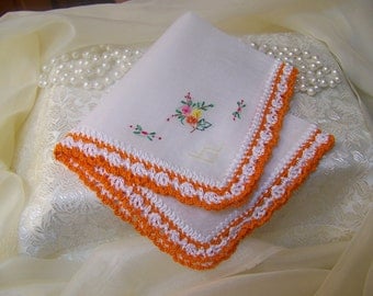 Ladies Handkerchief, Hanky, Hankie, Hand Crochet, Lace, Orange, Floral, Personalized, Monogrammed, Embroidered, Floral, Bridesmaids