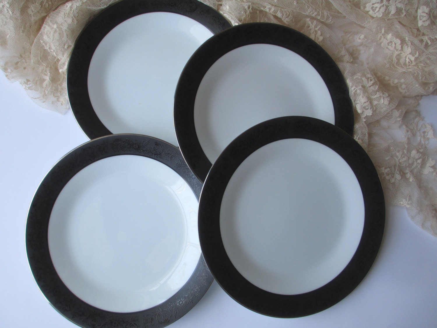 Salad Plates Noritake Sharon Black White Floral by thechinagirl