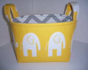 Small Diaper Caddy / Organizer Bin / Fabric Basket - Yellow Grey Elephants Zig Zag Chevron
