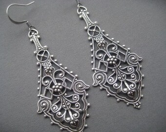 Sterling Silver Earrings - Art Deco Earrings - Filigree Earrings - Ornate Earrings - Filigree Jewelry - Art Deco Jewelry - Large Earrings