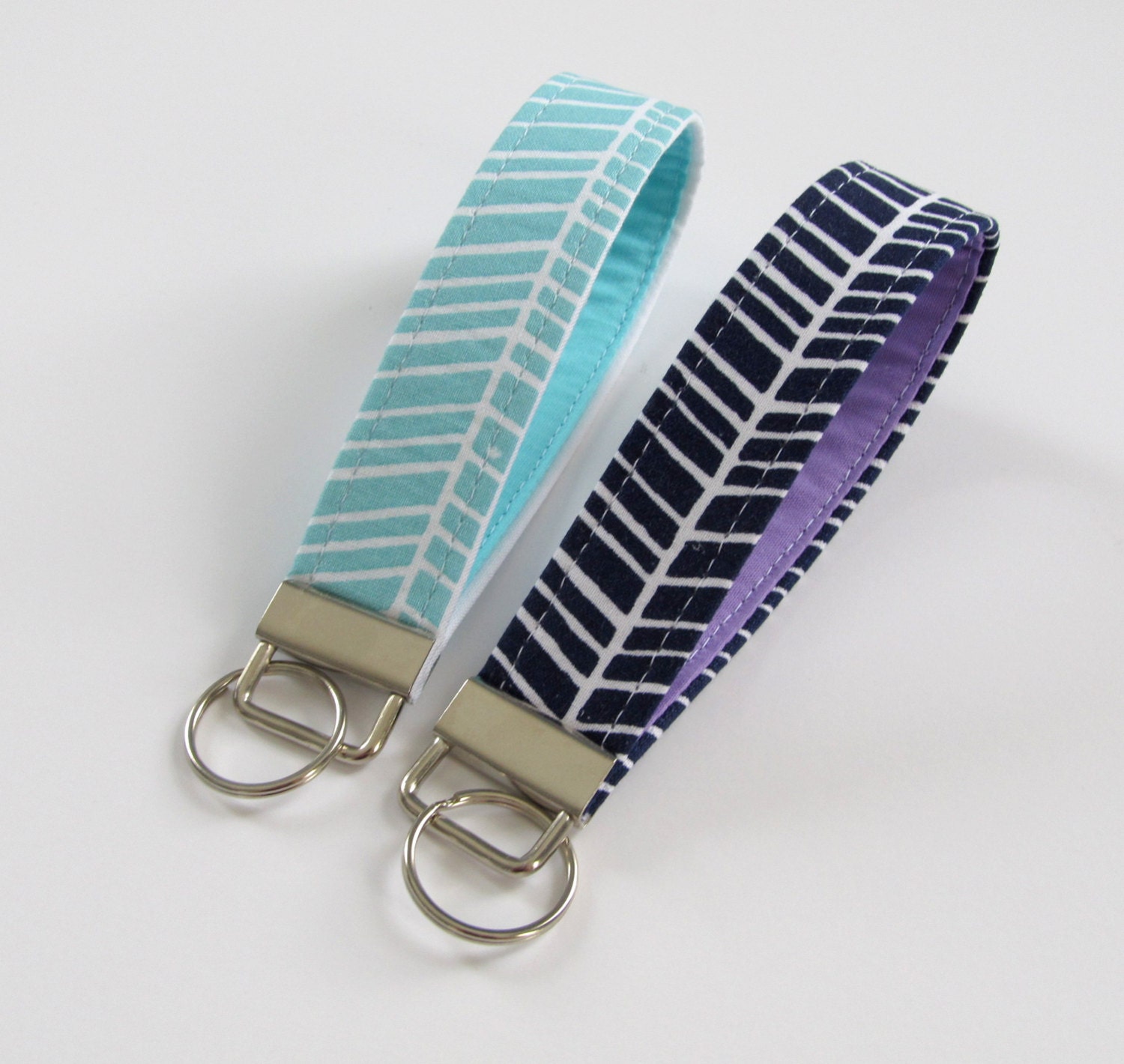 Fabric Keychain Herringbone Wristlet Keychain Keyfob in Navy