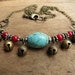 Turquoise, Red Coral Necklace, tribal necklace with brass bells, tribal belly dance jewelry
