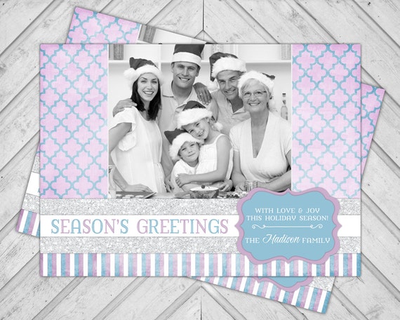 Photo Christmas card - digital file or printed cards - custom photo holiday cards - purple and blue trellis - silver glitter (408) Il_570xn