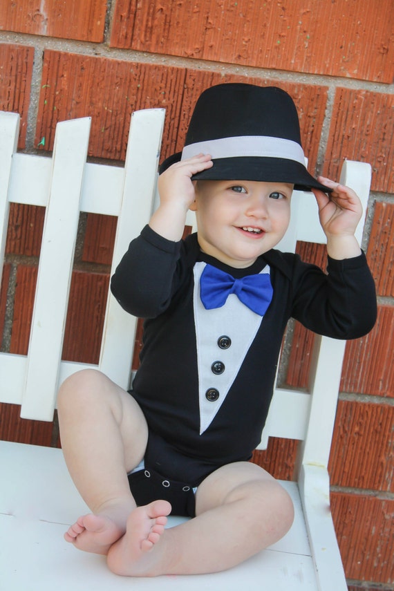 Items similar to Newborn18 months Black Tuxedo Bodysuit with Blue Bow