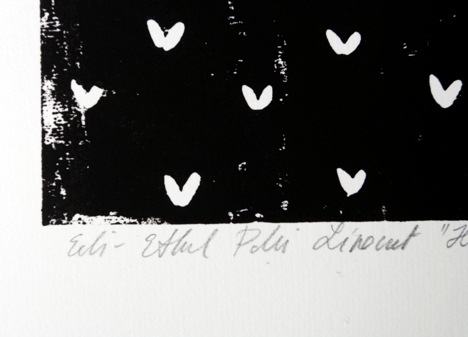 heart paper linocut original hearts black white by EeliArtStudio