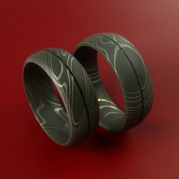 Matching Damascus Steel Ring Set Acid Finish Wedding Bands Genuine ...