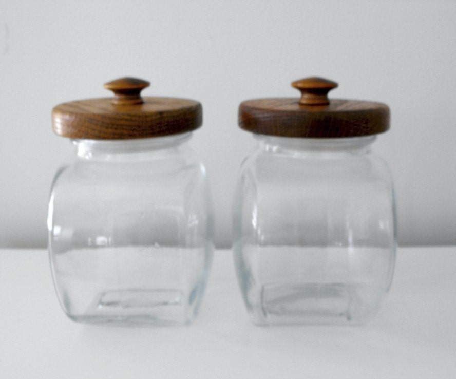 Vintage 2 Clear Glass Canisters with Wooden Lid Pair by bobann23