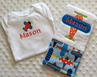 Baby Boy Personalized Gift Set - Bodysuit and Burp Cloth, Airplane