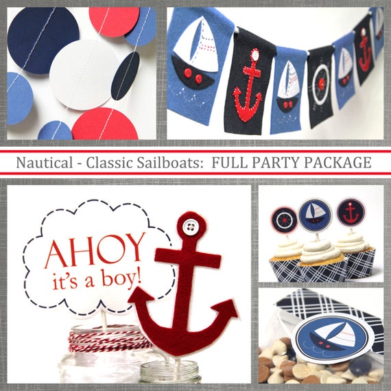 Nautical Baby Shower - Birthday Decorations (Classic Sailboats) , FULL PARTY PACKAGE Il_570xn