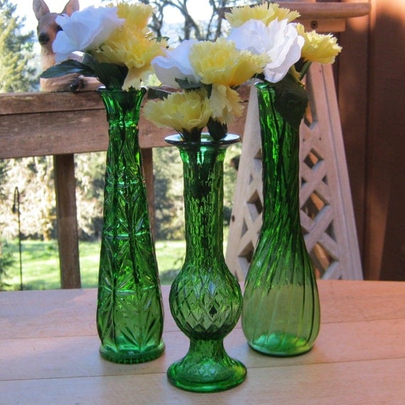 Trio of Emerald Green Bud Vases Wedding Decor Table
