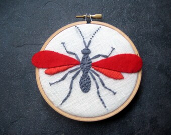 Wasp - hand embroidered home decor hoop art wall wear red orange gray by mlmxoxo