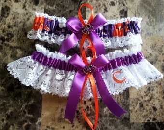 Clemson University white lace & purple Wedding Garter set any size and color.