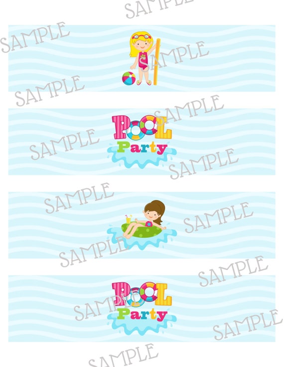 Pool party water bottle wrap around labels instant download digital file - DIY Il_570xn