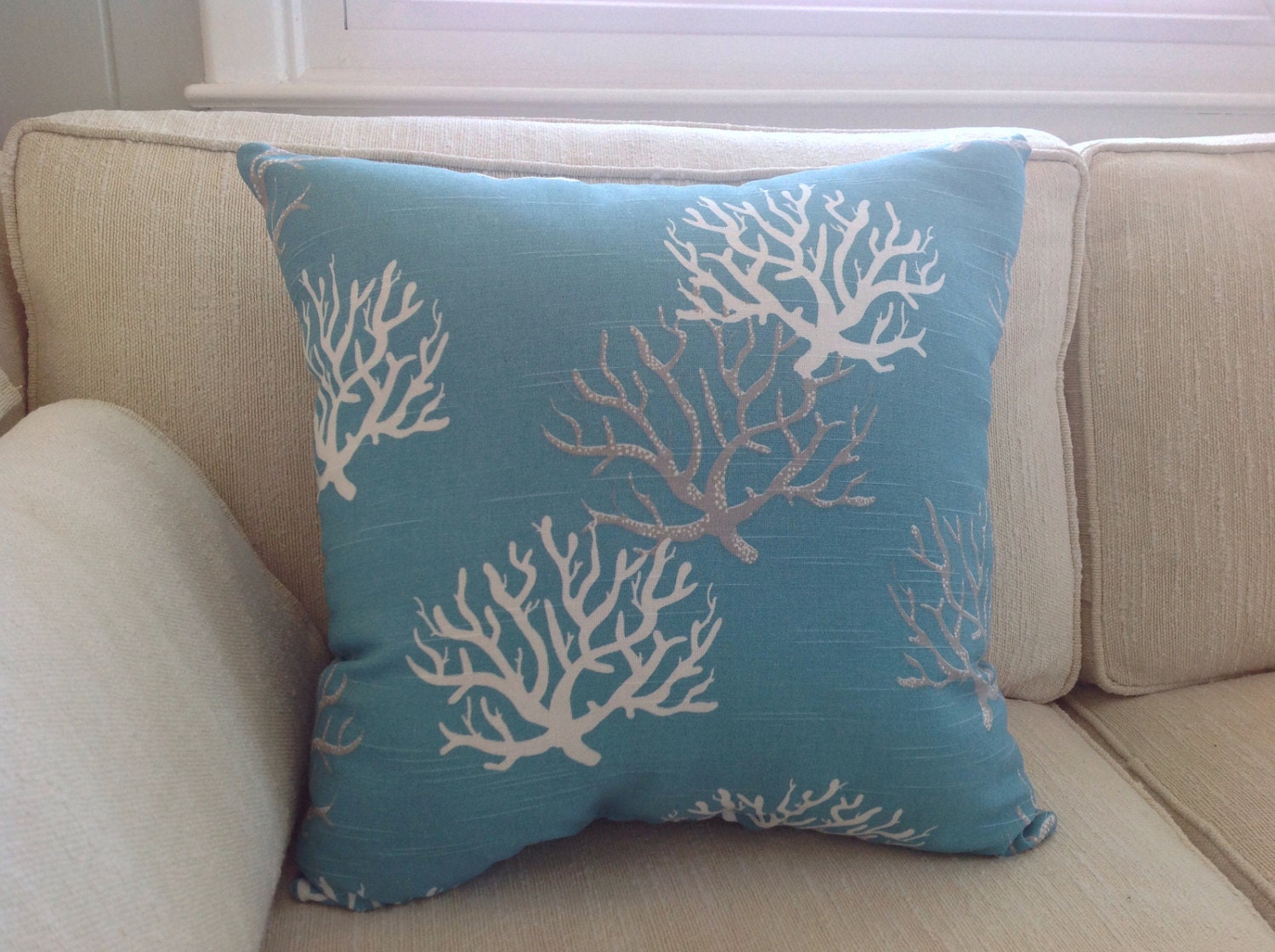 Aqua Blue Coral Throw Pillow Sea Fan Pillow Beach House