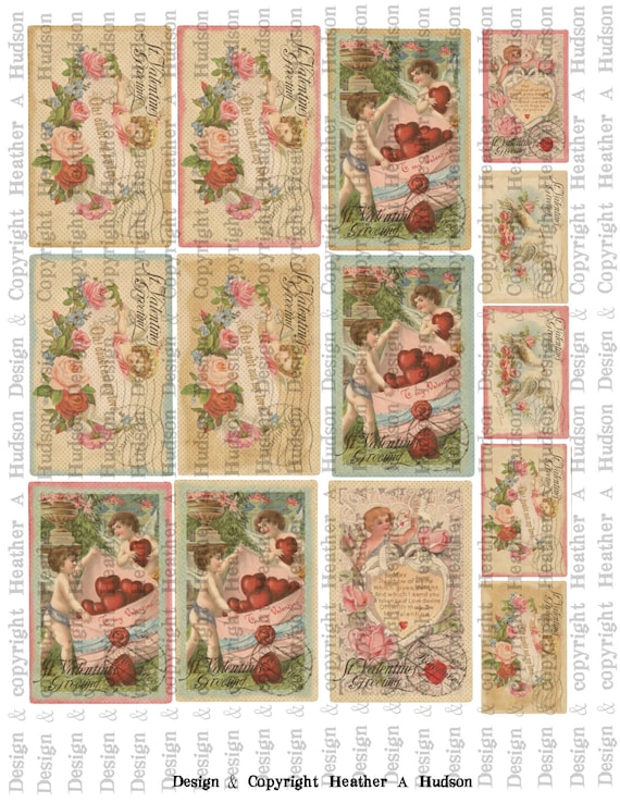 Vintage Shabby Chic Valentine Romantic Post Card Focals Digital Collage sheet Printable