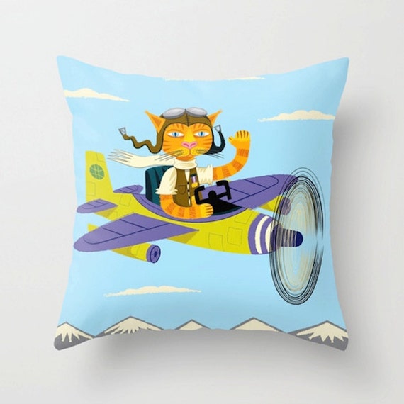 Tibbles Learns To Fly - Childrens Light Blue - Cat Throw Pillow / Cushion Cover - iOTA iLLUSTRATION