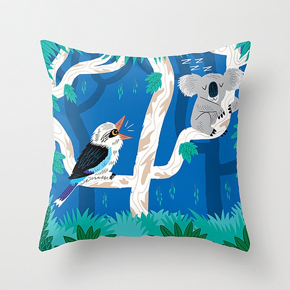 The Koala and the Kookaburra - Children's - Dark Blue - Throw Pillow / Cushion Cover (16" x 16") by Oliver Lake - iOTA iLLUSTRATION