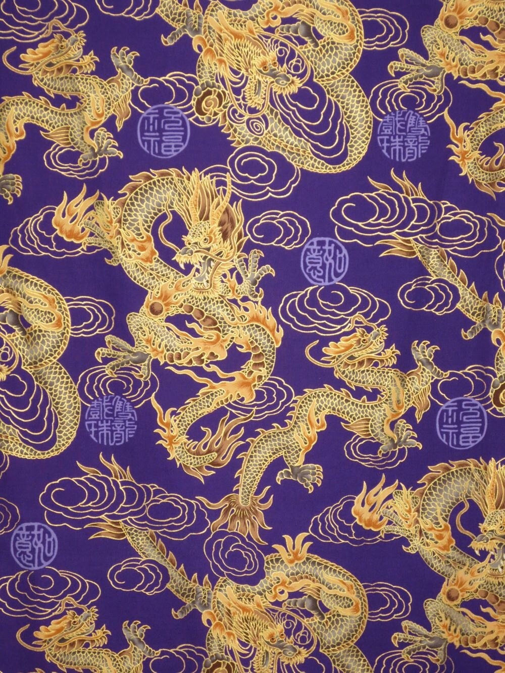 Purple And Metallic Gold Chinese Dragon Print Pure Cotton