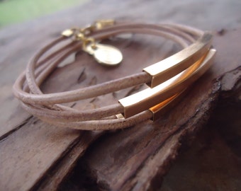 Leather, SQUARE BARS & SPIRAL wrap bracelet (654)
