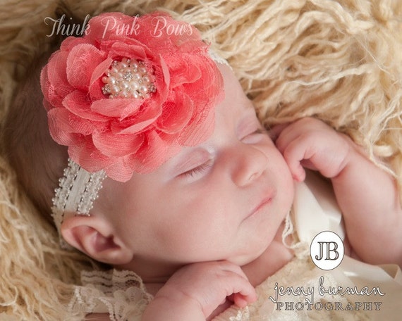 Baby Headbands, Coral Baby Headband,Flower Headband,Baby Girl Headband,Infant headband, Newborn Headband, Shabby Chic Headband, Baby Bows. by ThinkPinkBows