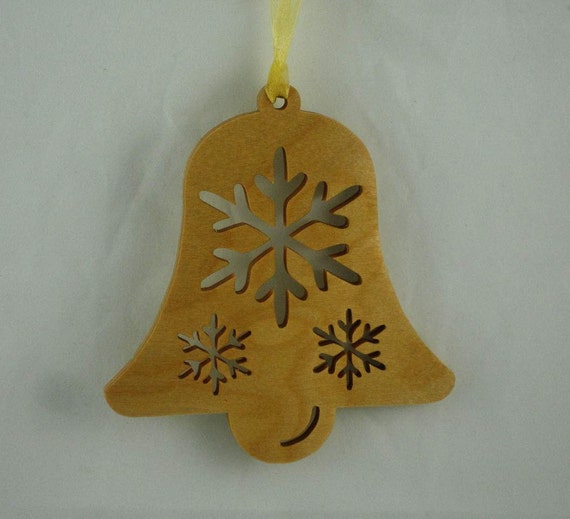 Bell Christmas Tree Ornament with Snowflakes Handcrafted from Birch Wood
