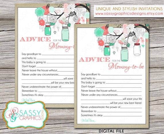 Advice card for baby shower with mason jars and flowers in mint, coral, and tan. Instant download, printable, digital file (#20) Il_570xn