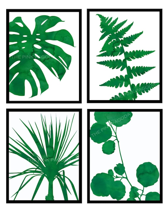 Set of Four Green and White Graphic Botanical Prints 11x14