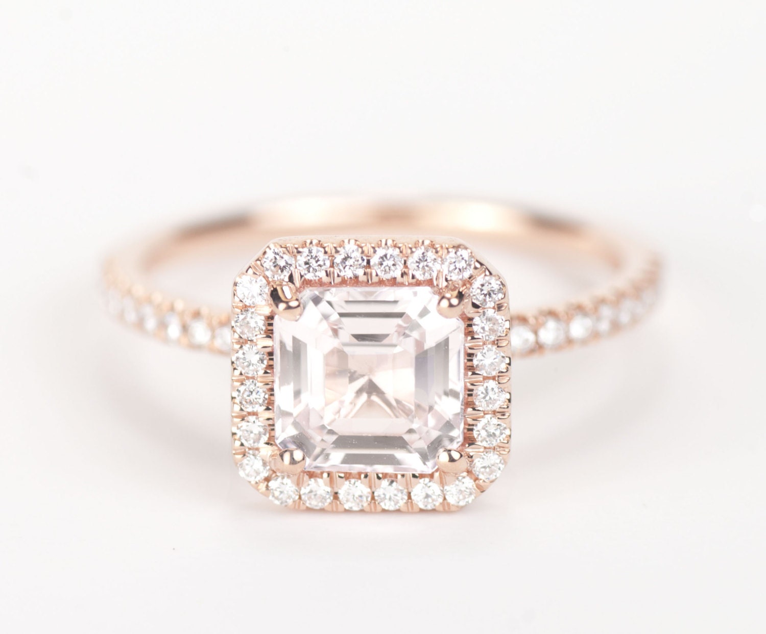 Certified Peach Pink Champagne Asscher Sapphire Diamond Halo