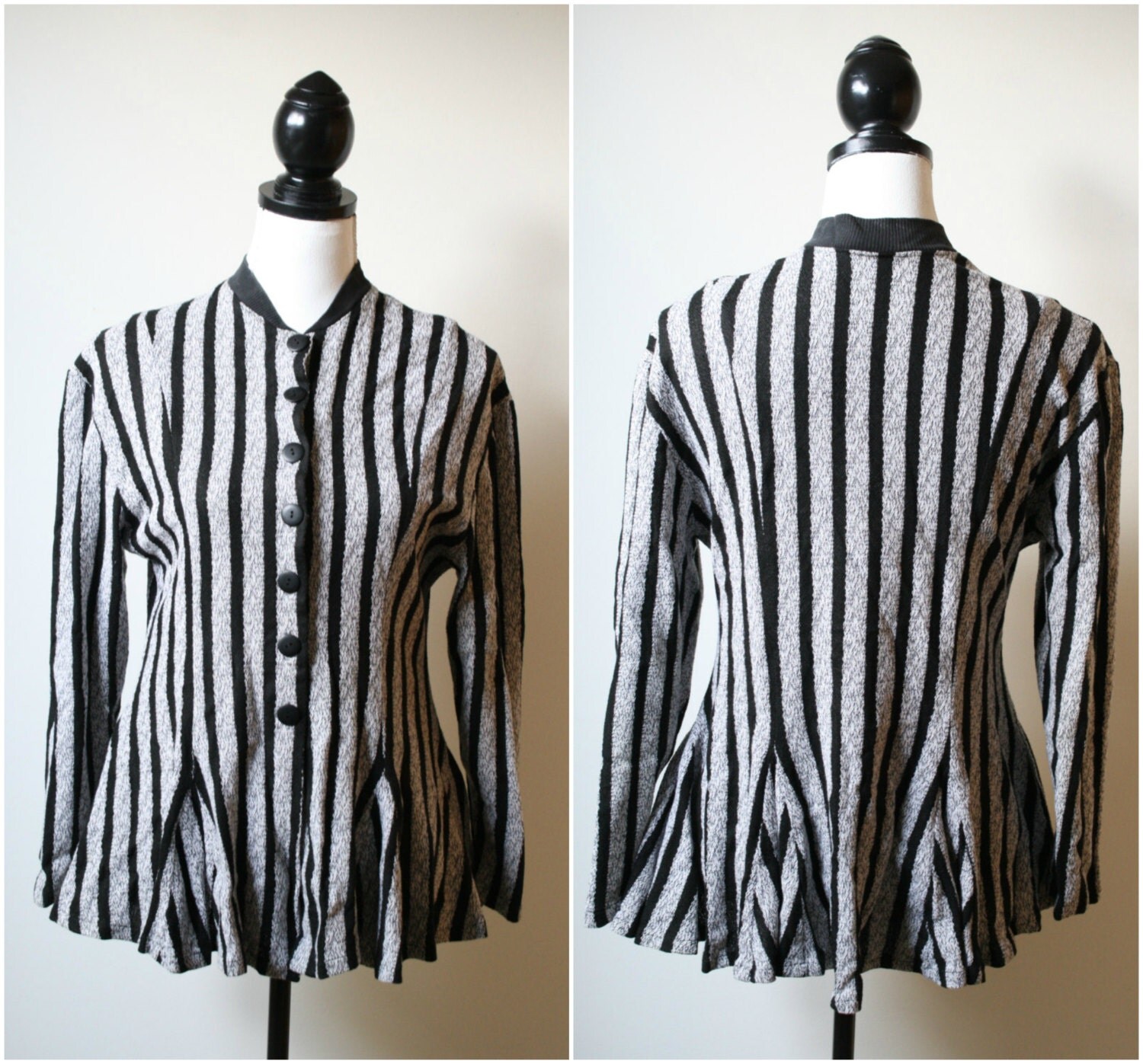 Beetlejuice Blazer - 1980s Knit and Woven Cotton Black and White Peplum Jacket made in Bali M