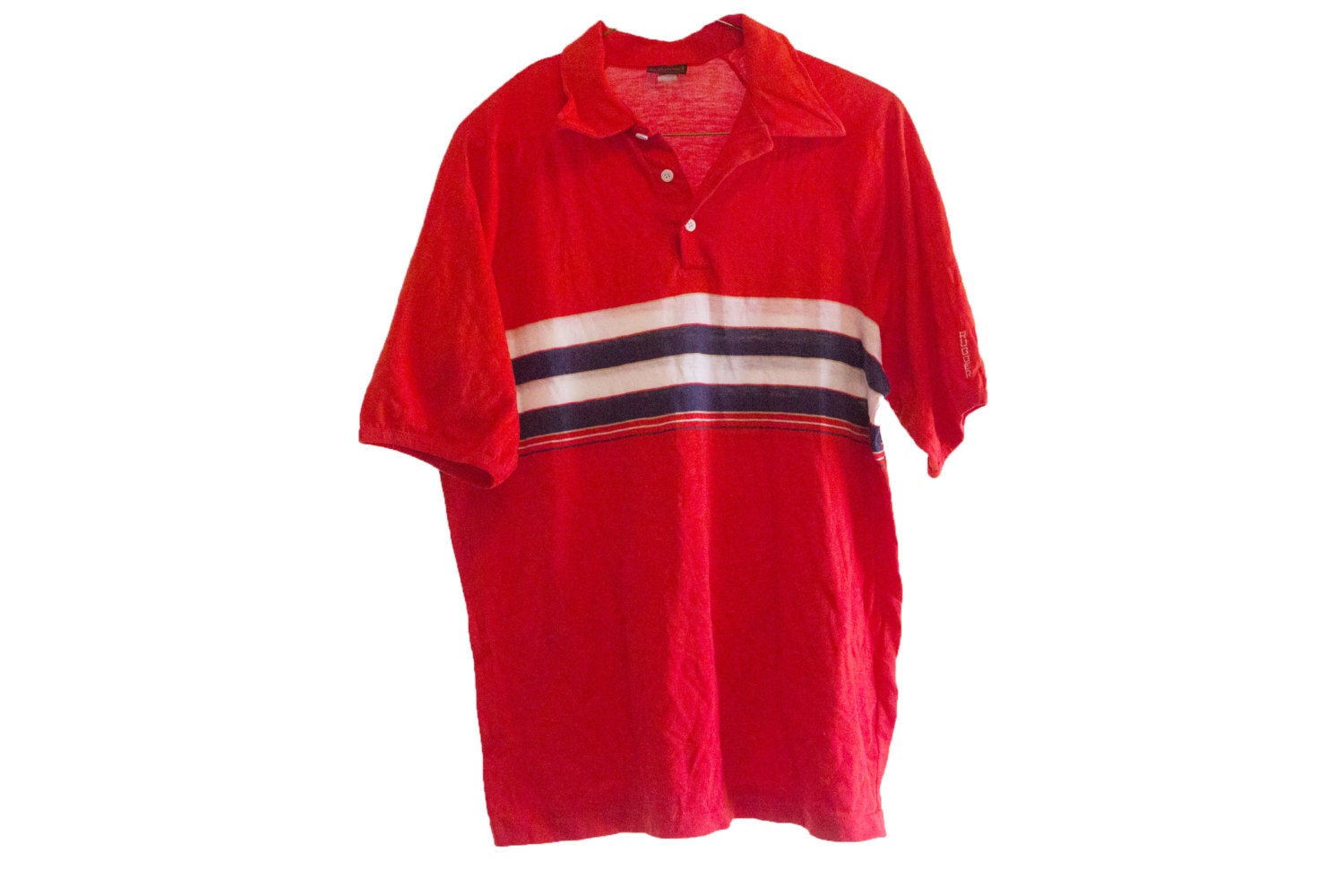 80s Classic Red Whte and Blue Striped Polo Shirt by TheBeardedBee