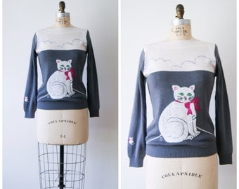 Cat Sweater Vintage 70s Grey and White Kitten Shirt Fuzzy Needlepoint ...