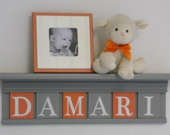 Orange and Gray Nursery Wood Shelf | Sign Personalized Baby Gift | Grey Shelf - Wooden Wall Letters | Boy Nursery Decor