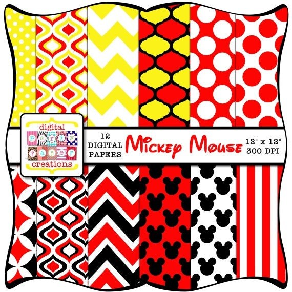 Digital Paper Pack - Mickey Mouse Ears Quatrefoil Ogee Dots Digital Scrapbook Paper INSTANT DOWNLOAD Il_570xn