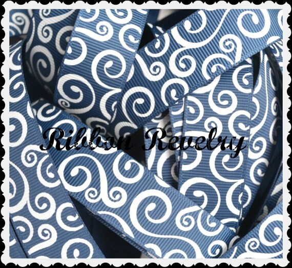 Elegant white swirls on light navy blue 7/8" grosgrain ribbon Il_570xn