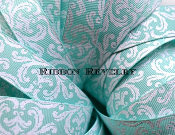 Ornate aqua gllitter damask 7/8" grosgrain ribbon Il_570xn