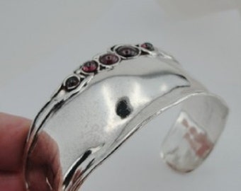 925 Silver Garnet Bracelet, Garnet Wide Sterling Silver Cuff Bracelet, Red stone bracelet (h 396)