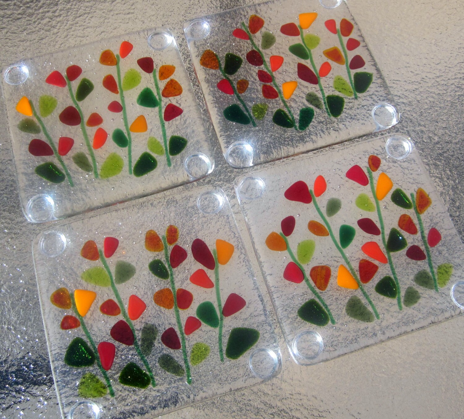 Fused Glass Coasters Blooming Branches in Red
