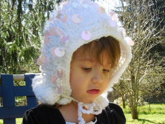 Girl's Glittery Sequin Crocheted Bonnet / Hood OOAK