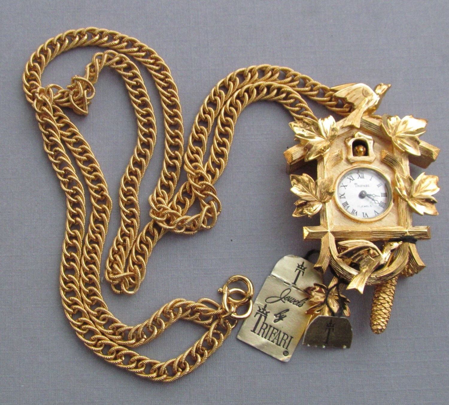 Vintage Trifari Cuckoo Clock Necklace Watch Jewelry Original