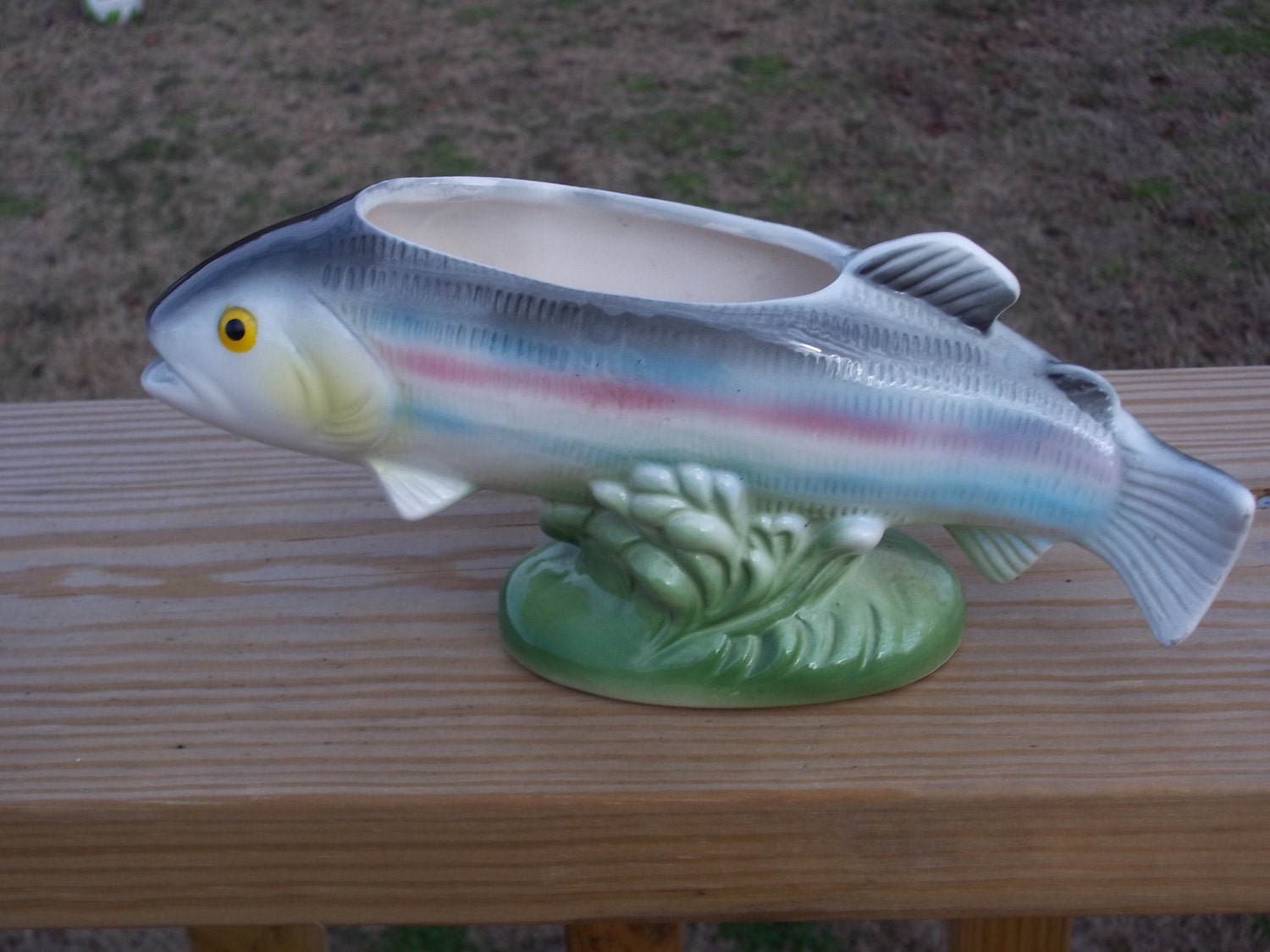 Vintage Relpo Rainbow Trout Fish Ceramic Planter Very Colorful