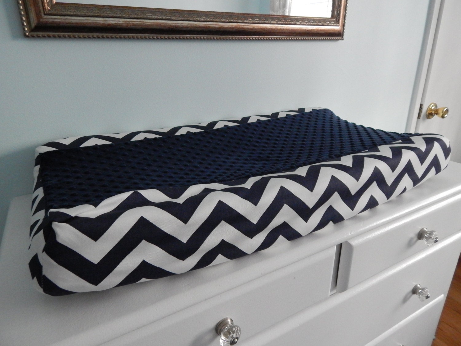 Changing Pad Cover with Minky Center Navy Chevron with Navy