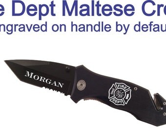 Personalized Black Firefighter Rescue Knife - Customized Maltese Cross and Text Firefighter Knife - Seatbelt Cutter and Glass Breaker Knife